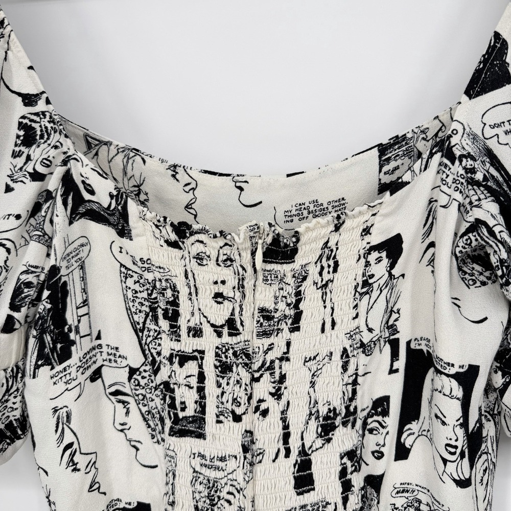 Reformation Sz 12 Lianne Newspaper Print‎ Mini Dress Black & White Puff Sleeve - Picture 5 of 8